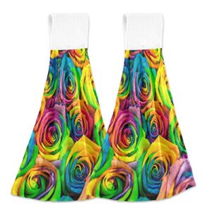 yyzzh colorful floral print rainbow rose flower valentines day kitchen hand towels with hook & loop set of 2 absorbent bath hand towel hanging tie towel