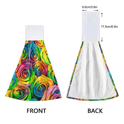 YYZZH Colorful Floral Print Rainbow Rose Flower Valentines Day Kitchen Hand Towels with Hook & Loop Set of 2 Absorbent Bath Hand Towel Hanging Tie Towel