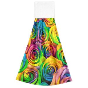 YYZZH Colorful Floral Print Rainbow Rose Flower Valentines Day Kitchen Hand Towels with Hook & Loop Set of 2 Absorbent Bath Hand Towel Hanging Tie Towel