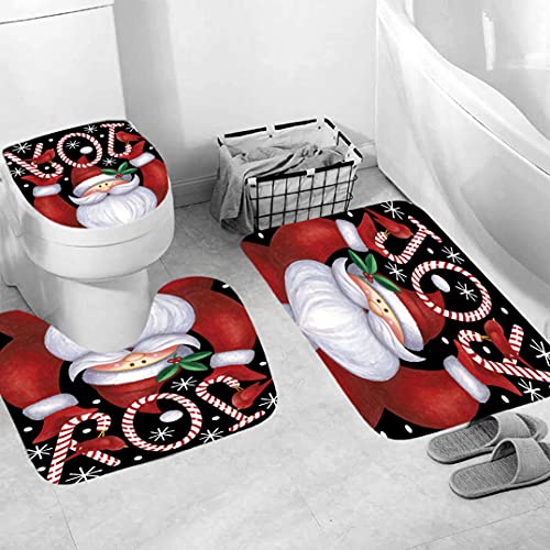 4Pcs Xmas Merry Christmas Shower Curtain Set with Non-Slip Rugs and Toilet Lid Cover Winter Holiday Santa Claus Fabric Shower Curtain Bathroom Decor with Hooks Waterproof Washable 72" x 72''