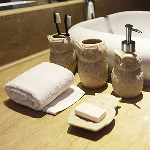 Evelyne GMT-10226 Owl Resin Sandstone Bathroom Amenity Accessory Set Included Dispenser, Soap Tray, Toothbrush Holder and Tumbler (Beige)