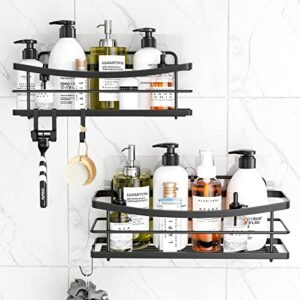odesign shower caddy storage with removable 4 hooks adhesive shower shelf basket no drilling rustproof kitchen spice racks bathroom organizer - 2 pack (black)