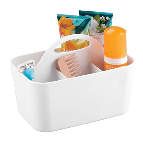 mDesign Small Plastic Shower/Bath Storage Organizer Caddy Tote with Handle - Dorm, Shelf, Cabinet - Soap, Shampoo, Conditioner, Combs, Brushes, Lumiere Collection, 2 Pack, White