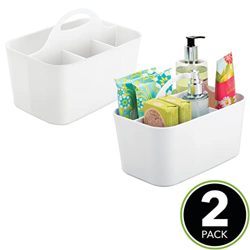 mDesign Small Plastic Shower/Bath Storage Organizer Caddy Tote with Handle - Dorm, Shelf, Cabinet - Soap, Shampoo, Conditioner, Combs, Brushes, Lumiere Collection, 2 Pack, White