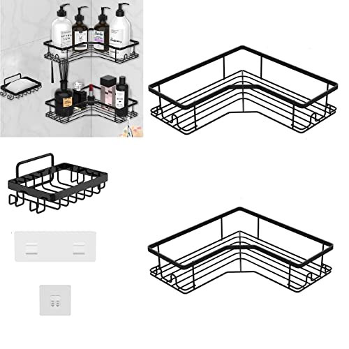 ZWMBYN Corner Shower Caddy, 2 Pack Shower Organizer Corner Shower Shelf with Hooks and Soap Dish, Adhesive No Drilling Shower Storage Rack Rustproof Shower Shelves for Bathroom Storage, Black