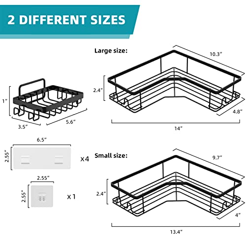 ZWMBYN Corner Shower Caddy, 2 Pack Shower Organizer Corner Shower Shelf with Hooks and Soap Dish, Adhesive No Drilling Shower Storage Rack Rustproof Shower Shelves for Bathroom Storage, Black