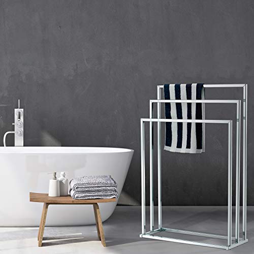 MyGift Silver Chrome Plated Metal Free Standing Towel Rack Stand with 3 Bars for Bathroom, Bedroom, Laundry Room, Blanket Rack