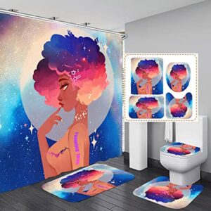 traditional african american woman shower curtain sets, 4pcs set for bathroomsets decor-1 hd pattern printing shower curtain & 3 non-slip toilet rugs and lid cover (violet)