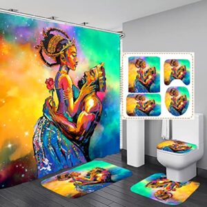 african american men and women shower curtain sets, 4pcs set for bathroom decor-1 hd pattern printing shower curtain & 3 non-slip toilet rugs and lid cover (red)