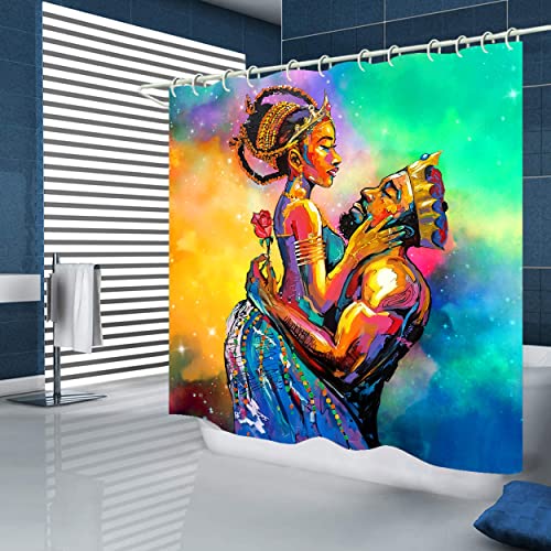 African American Men and Women Shower Curtain Sets, 4PCS Set for Bathroom Decor-1 HD Pattern Printing Shower Curtain & 3 Non-Slip Toilet Rugs and Lid Cover (Red)