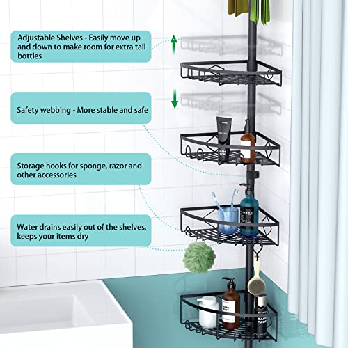 Kadolina Bathroom Hanging Shower Organizer, 4 Tier Corner Shower Caddy Tension Pole