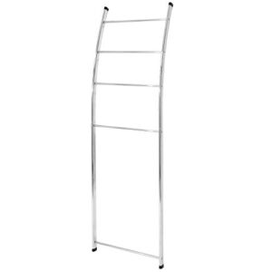 MyGift Silver Chrome-Plated Metal Wall Leaning Decorative Bath Towel Rack Storage Ladder with 4 Rungs and Curved Design, Free Standing Towel Drying Stand with Top and Bottom Non-Slip Rubber Feet