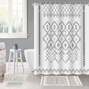 sunhop luxury shower curtain set 3pcs, bathroom sets with shower curtain and rugs, ultra soft faux wool water absorbent bath rugs, durable waterproof shower curtain with 12 hooks (white, 71" x 71")
