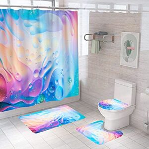 aiyana 3d blue pink marble shower curtain set watercolor rainbow colorful bathroom set water drops with non-slip rugs,toilet lid cover and bath mat waterproof for kids girls woman 71"x71"