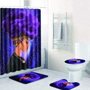 evermarket creative colorful printing toilet pad cover bath mat shower curtain set for bathroom decor,4 pcs set - 1 shower curtain & 3 toilet mat and lid cover (african woman purple hair galaxy)