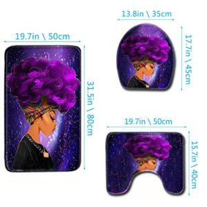 EVERMARKET Creative Colorful Printing Toilet Pad Cover Bath Mat Shower Curtain Set for Bathroom Decor,4 Pcs Set - 1 Shower Curtain & 3 Toilet Mat and Lid Cover (African Woman Purple Hair Galaxy)