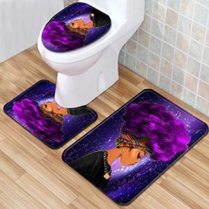 EVERMARKET Creative Colorful Printing Toilet Pad Cover Bath Mat Shower Curtain Set for Bathroom Decor,4 Pcs Set - 1 Shower Curtain & 3 Toilet Mat and Lid Cover (African Woman Purple Hair Galaxy)