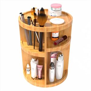 ajiaaione 360° bamboo makeup organizer, cosmetics organizer，multi-function storage carousel for makeup, toiletries, and more — great for vanity, desk, bathroom, bedroom, closet, kitchen