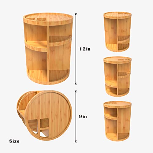 AJIAAIONE 360° Bamboo Makeup Organizer, Cosmetics Organizer，Multi-Function Storage Carousel for Makeup, Toiletries, and More — Great for Vanity, Desk, Bathroom, Bedroom, Closet, Kitchen