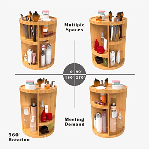 AJIAAIONE 360° Bamboo Makeup Organizer, Cosmetics Organizer，Multi-Function Storage Carousel for Makeup, Toiletries, and More — Great for Vanity, Desk, Bathroom, Bedroom, Closet, Kitchen