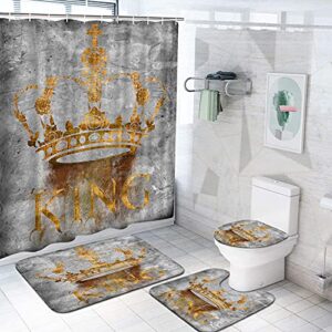 duobaorom 4 pieces set king shower curtain set abstract golden crown with letter king grey artwork on non-slip rugs toilet lid cover bath mat and bathroom curtain with 12 hooks 72x72inch