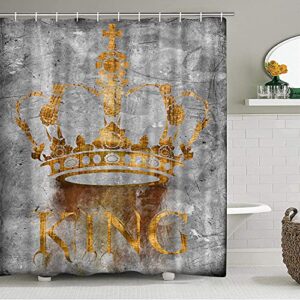 DuoBaorom 4 Pieces Set King Shower Curtain Set Abstract Golden Crown with Letter King Grey Artwork on Non-Slip Rugs Toilet Lid Cover Bath Mat and Bathroom Curtain with 12 Hooks 72x72inch