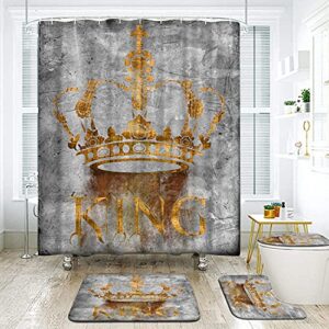 DuoBaorom 4 Pieces Set King Shower Curtain Set Abstract Golden Crown with Letter King Grey Artwork on Non-Slip Rugs Toilet Lid Cover Bath Mat and Bathroom Curtain with 12 Hooks 72x72inch