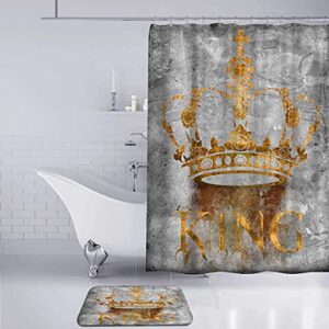 DuoBaorom 4 Pieces Set King Shower Curtain Set Abstract Golden Crown with Letter King Grey Artwork on Non-Slip Rugs Toilet Lid Cover Bath Mat and Bathroom Curtain with 12 Hooks 72x72inch