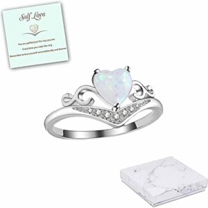 KINTAN Self Love Silver Opal Heart Ring, Fashion Opal Silver Heart Cutout Women Promise Engagement Ring, Zirconia Rings Gift Jewelry for Women and Girls (US6)