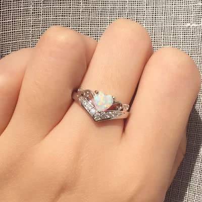 KINTAN Self Love Silver Opal Heart Ring, Fashion Opal Silver Heart Cutout Women Promise Engagement Ring, Zirconia Rings Gift Jewelry for Women and Girls (US6)