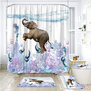 eubtpa 4 pcs funny elephant shower curtain set with rugs(bath mat,u shape and toilet lid cover mat) and hooks, teal coral underwater marine life animal bathroom decor