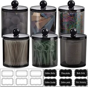 6 pack of 12 oz. qtip dispenser apothecary jars bathroom with labels - qtip holder storage canister clear plastic acrylic jar for cotton ball,cotton swab,cotton rounds,floss picks, hair clips (black)