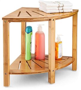 bamboo corner shower bench - shower stool, shaving stool with non-slip feet - wood 2-tier seat with storage shelf - bathroom, living room, bedroom, garden etc. seat or organizer