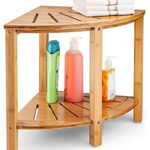 Bamboo Corner Shower Bench - Shower Stool, Shaving Stool with Non-Slip Feet - Wood 2-Tier Seat with Storage Shelf - Bathroom, Living Room, Bedroom, Garden Etc. Seat or Organizer