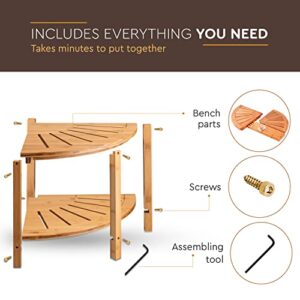 Bamboo Corner Shower Bench - Shower Stool, Shaving Stool with Non-Slip Feet - Wood 2-Tier Seat with Storage Shelf - Bathroom, Living Room, Bedroom, Garden Etc. Seat or Organizer