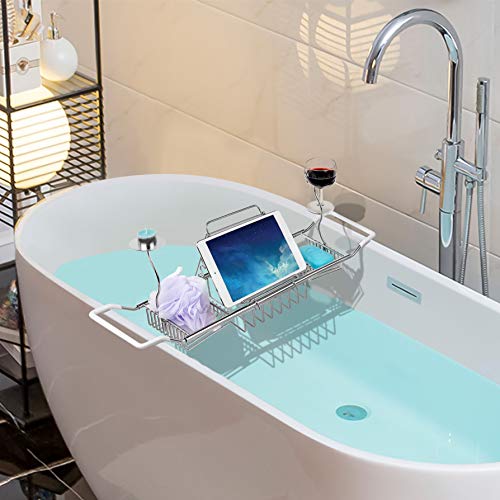 iPEGTOP 304 Stainless Steel Bathtub Caddy Tray Expandable Bath Organizer, Tub Shelf for Reading with Book and Wine Rack, Candleholder