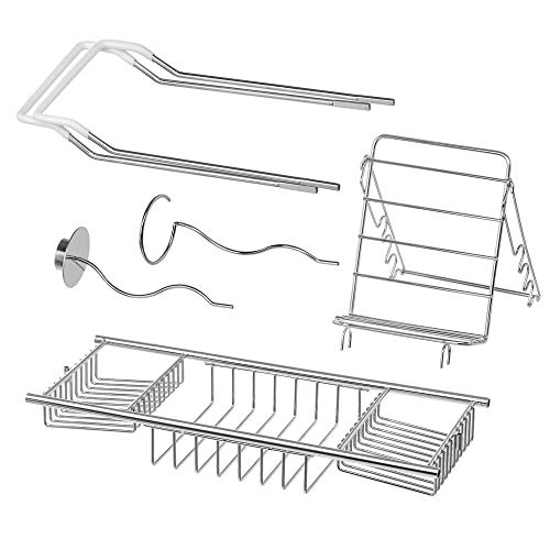 iPEGTOP 304 Stainless Steel Bathtub Caddy Tray Expandable Bath Organizer, Tub Shelf for Reading with Book and Wine Rack, Candleholder