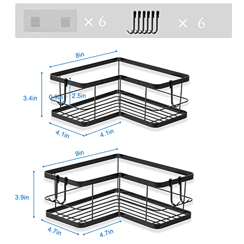 Adhesive Corner Shower Caddy,2 Pack Bathroom Corner Shower Basket Shelf With 6 Hooks Stainless Steel Shower Storage Organizer Shampoo Holder, No Drilling Shower Shelf Basket Bathroom Shelf Rack