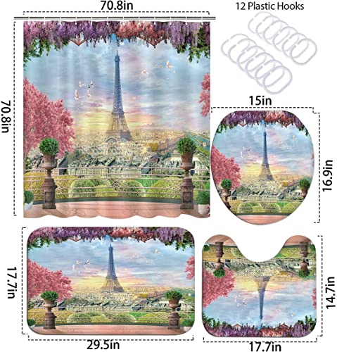 4PCS Eiffel Tower Shower Curtains with Rugs Bath Mat Toilet Lid Cover and 12 Hooks Waterproof Paris Tower Bathroom Shower Curtain Set