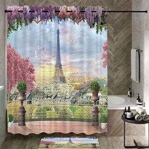 4PCS Eiffel Tower Shower Curtains with Rugs Bath Mat Toilet Lid Cover and 12 Hooks Waterproof Paris Tower Bathroom Shower Curtain Set