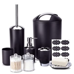 fixwal bathroom accessories set 8 piece plastic gift set trash can toothbrush holder toothbrush cup soap dispenser soap dish toilet brush holder 2 qtip holder dispensers with labels (black)