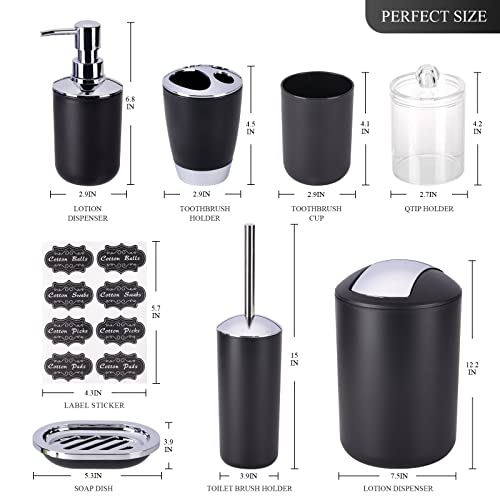 Fixwal Bathroom Accessories Set 8 Piece Plastic Gift Set Trash Can Toothbrush Holder Toothbrush Cup Soap Dispenser Soap Dish Toilet Brush Holder 2 Qtip Holder Dispensers with Labels (Black)