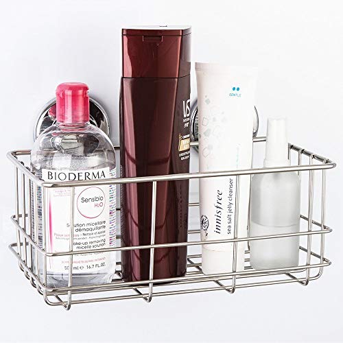 SANNO Suction Cup Shower Caddy Bath Wall Shelf, Deep Bathroom Basket Large Shower Caddy Bath Organizer Kitchen Storage Basket for Gel Holder Bathroom Storage Shampoo, Conditioner -Stainless Steel