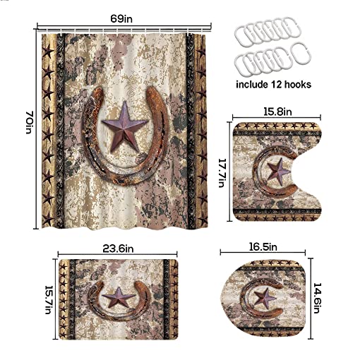 DONMYER 4 Pcs Shower Curtain Sets with Rugs Texas Star Western Panel Rusty Horseshoe Cowhide Cow Primitive Country Cabin 12 Hooks for Bathroom Set, 70'' L × 69'' W