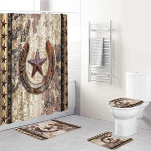 DONMYER 4 Pcs Shower Curtain Sets with Rugs Texas Star Western Panel Rusty Horseshoe Cowhide Cow Primitive Country Cabin 12 Hooks for Bathroom Set, 70'' L × 69'' W