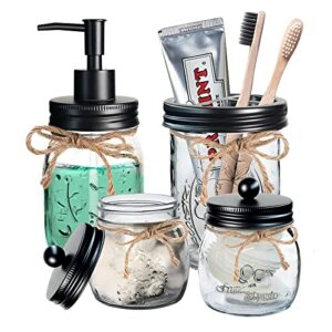nuscen mason jar bathroom accessories (set of 4) lotion soap dispenser,2 apothecary jars,toothbrush holder,rustic farmhouse decor,multifunction storage countertop vanity organizer jars