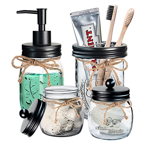 Nuscen Mason Jar Bathroom Accessories (Set of 4) Lotion Soap Dispenser,2 Apothecary Jars,Toothbrush Holder,Rustic Farmhouse Decor,Multifunction Storage Countertop Vanity Organizer Jars