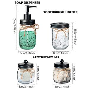 Nuscen Mason Jar Bathroom Accessories (Set of 4) Lotion Soap Dispenser,2 Apothecary Jars,Toothbrush Holder,Rustic Farmhouse Decor,Multifunction Storage Countertop Vanity Organizer Jars