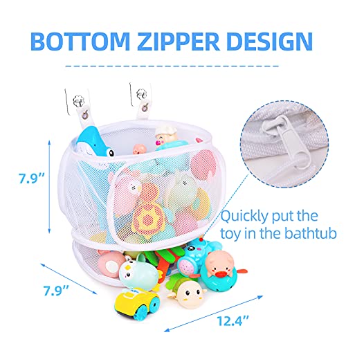 AMZKEIO 2 x Bath Toy Storage, Bath Toy Organizer with Fixed Opening, Large Capacity Standing Bath Toy Holder, 8 Super Sticky Hooks, Quick-Drying Mesh Storage Bag with Bottom Zipper