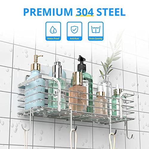 Azzuro 2 Pack Shower Caddy Bathroom Shelf, No Drilling Adhesive Bathroom Shower Organizer Shelves, Rustproof Stainless Steel Shower Rack, Wall Mounted Shower Basket with Hooks